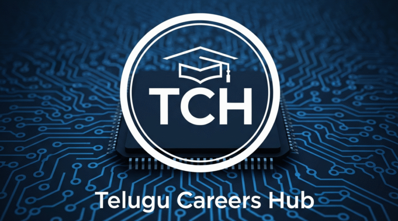 Circular tech logo with white "TCH" initials and a black graduation cap on a dark blue circuit board background, with "Telugu Careers Hub" below.